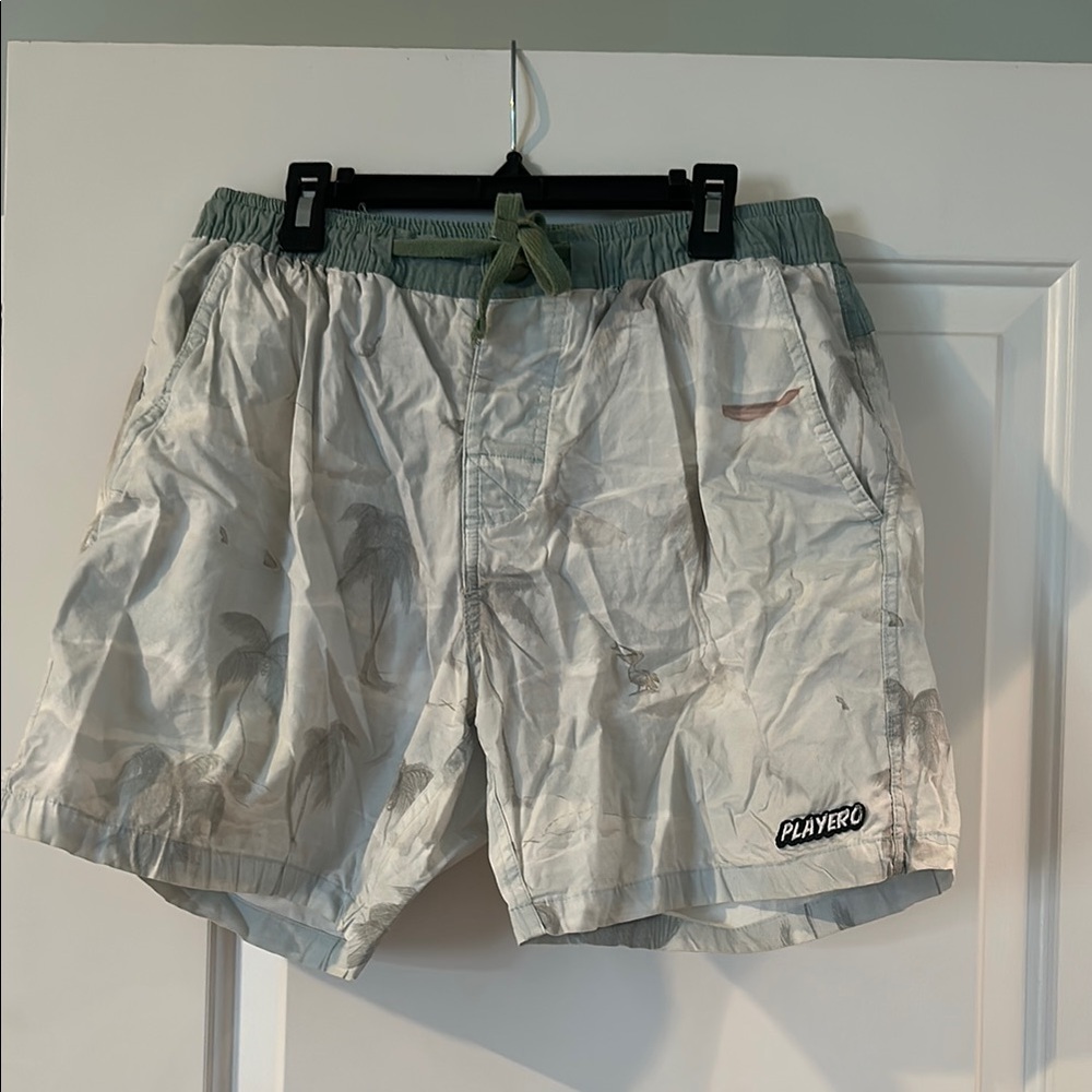 White and Green Quick-Dry Board Shorts with Elastic Waistband